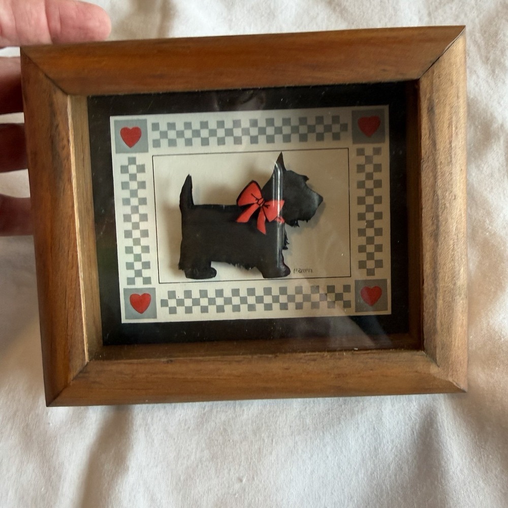 Vintage Scottie Dog Shadow Box Wall Art 4x6 Wood Frame Red Bow Hearts Folk Art